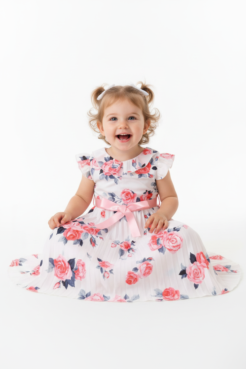 Fille en robe blanche plissée fleurie roses - col volant romantique ceinture satin rose - pose assise adorable expression douce - BabyCoton