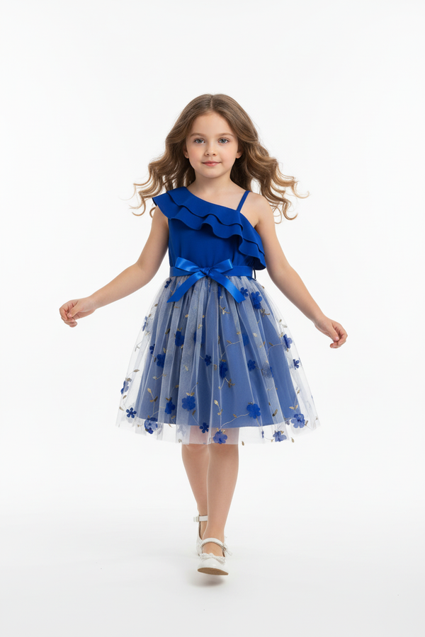 Fille en robe cérémonie bleue roi - bretelles volants nœud satin taille jupe tulle fleurs 3D bleues étoiles dorées - pose en marche élégante - BabyCoton