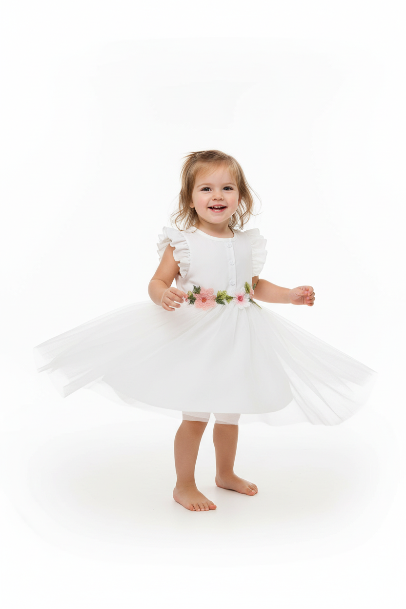Fille en robe tulle blanche manches volantées papillon - pose pirouette montrant le mouvement du tulle vaporeux - ceinture fleurs 3D brodées roses - BabyCoton