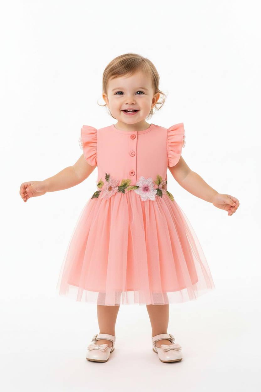 Fille en robe tulle saumon manches volantées papillon - boutons décoratifs ceinture fleurs 3D brodées jupe tulle vaporeux - vue de face - BabyCoton