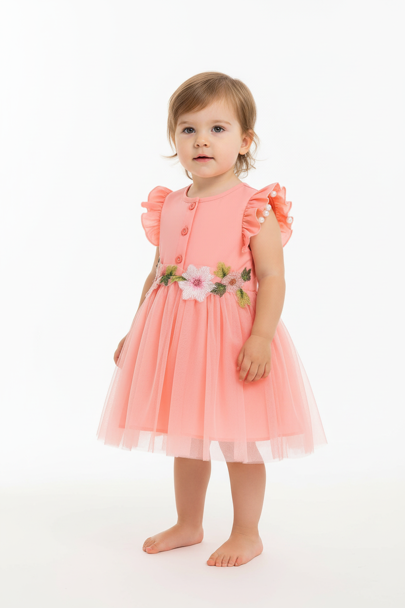 Fille en robe tulle saumon manches volantées - vue trois-quarts détail ceinture guirlande fleurs 3D brodées à la main - BabyCoton