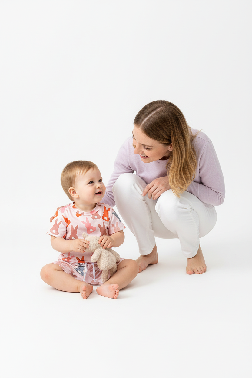 Maman accroupie avec sa fille en ensemble 2 pièces lapins silhouettes rose gris - moment tendresse câlin mère et enfant - BabyCoton