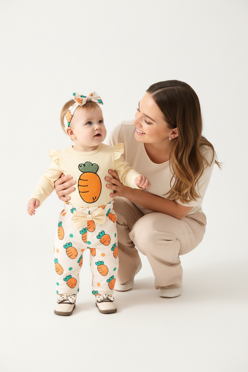 Maman accroupie avec sa fille en ensemble 3 pièces carottes body crème volants pantalon blanc carottes bandeau assorti - moment tendresse mère et enfant - BabyCoton