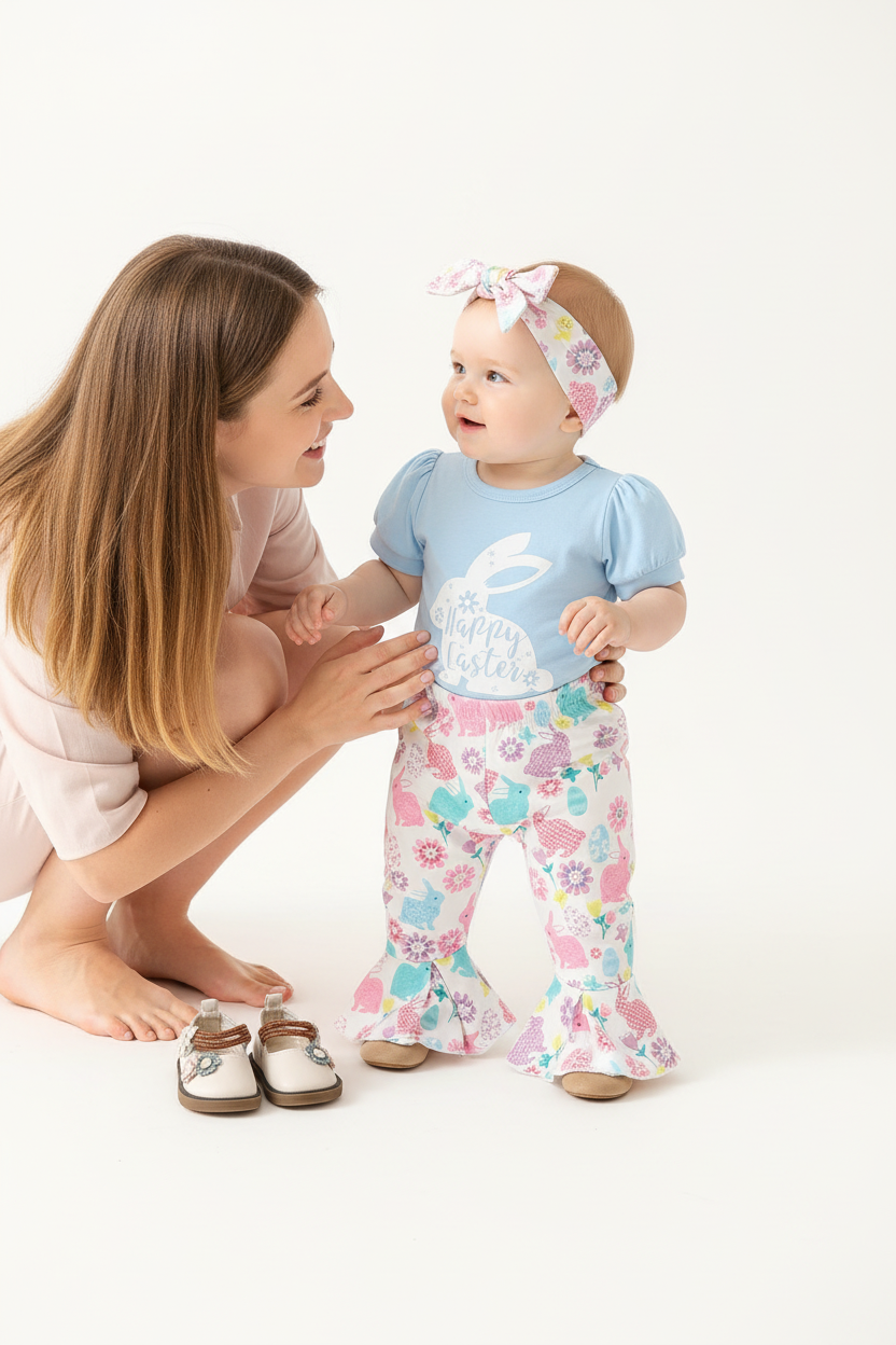 Maman accroupie avec sa fille en ensemble Pâques body bleu lapin Happy Easter pantalon évasé lapins fleurs bandeau fleuri - moment tendresse mère et enfant - BabyCoton