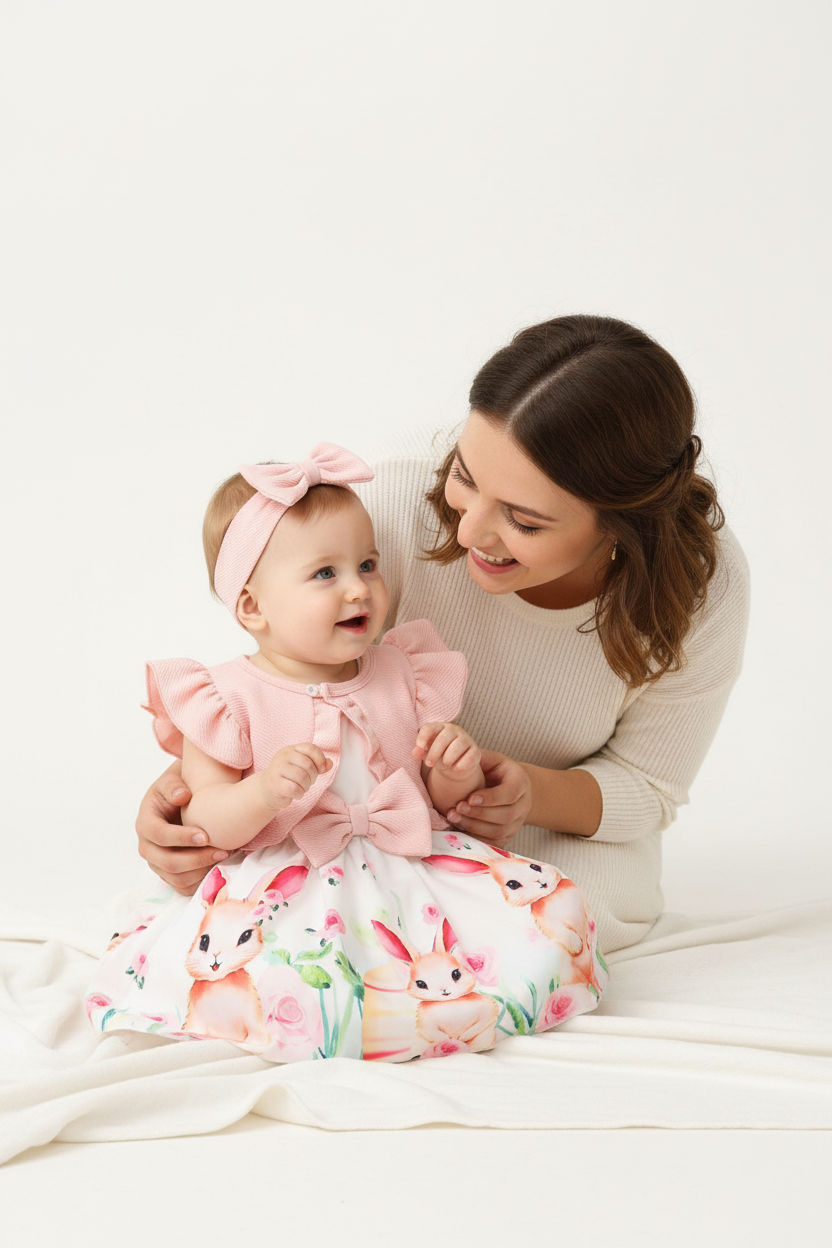 Maman accroupie avec sa fille en ensemble 3 pièces robe blanche lapins roses boléro rose bandeau nœud - moment tendresse mère et enfant - BabyCoton