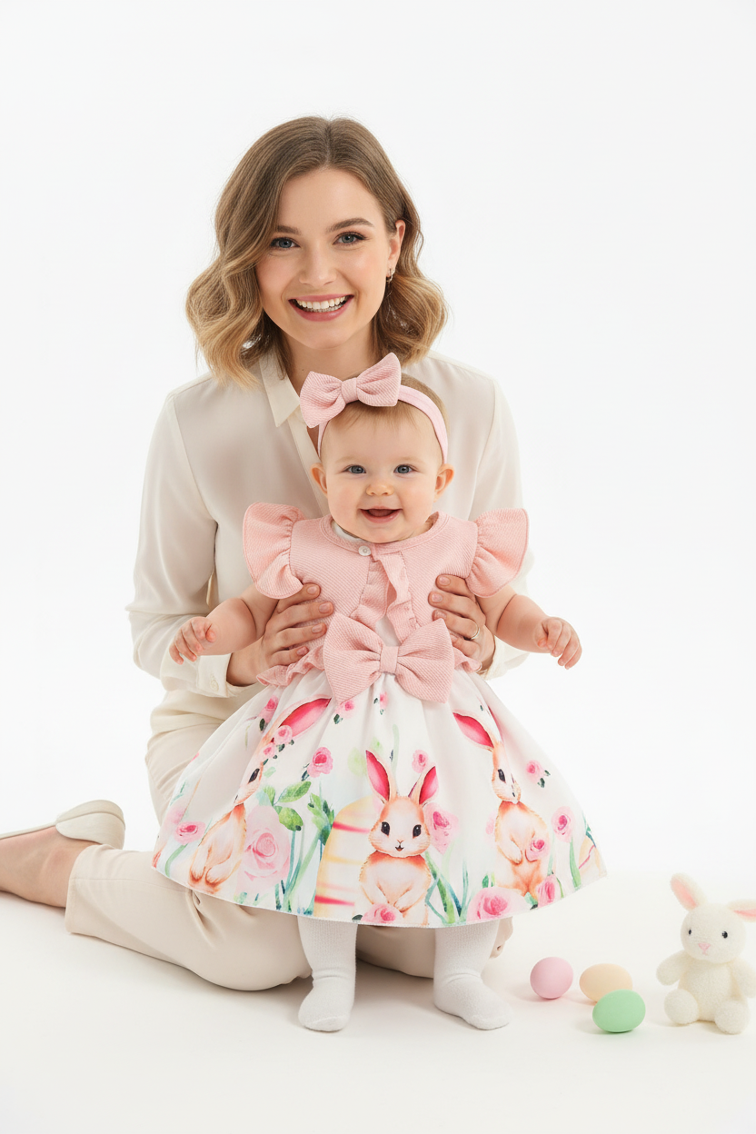 Maman assise avec sa fille en ensemble robe blanche lapins roses boléro rose - moment joyeux ambiance Pâques printemps mère et enfant - BabyCoton