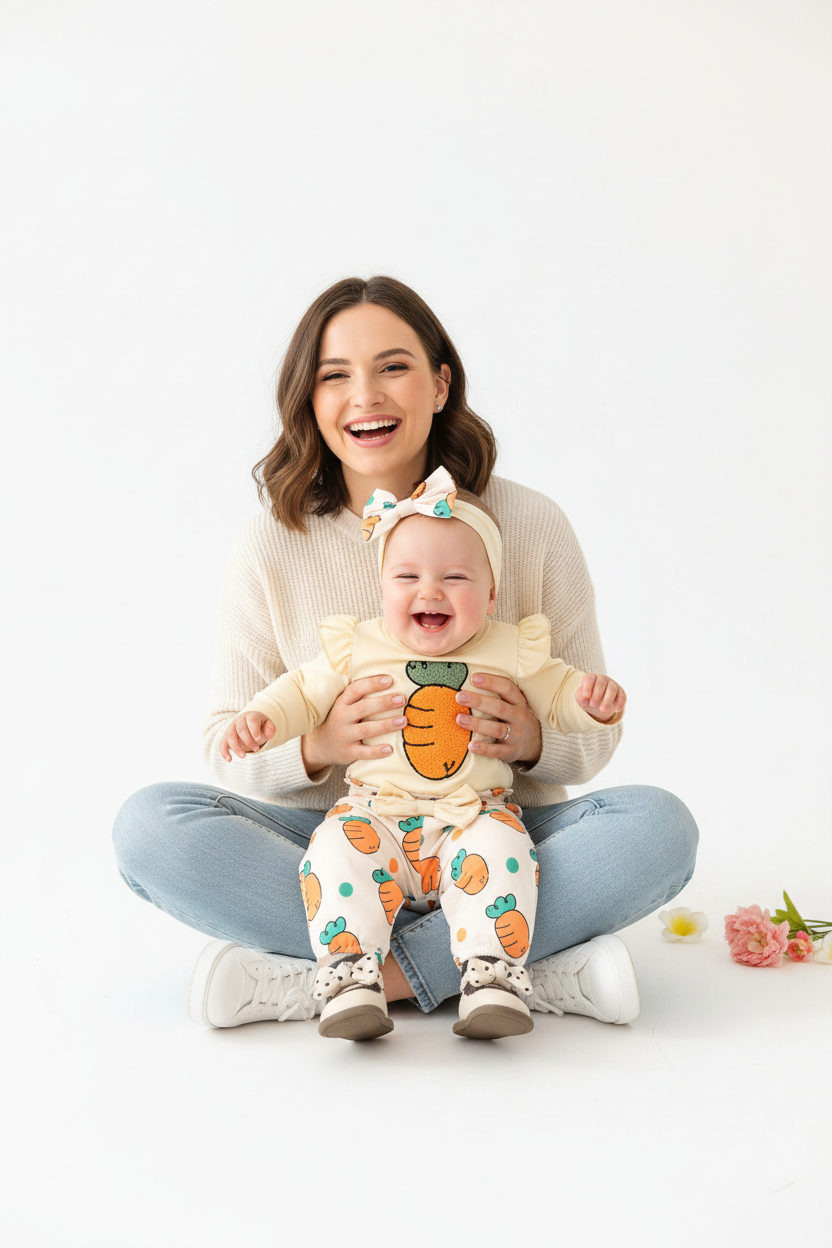 Maman assise avec sa fille en ensemble carottes body crème volants pantalon blanc carottes - moment joyeux ambiance Pâques printemps mère et enfant - BabyCoton