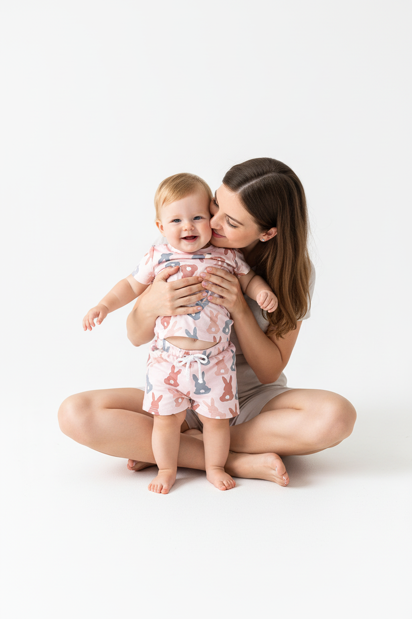 Maman assise serrant dans ses bras sa fille en ensemble lapins silhouettes rose gris - moment câlin tendresse mère et enfant - BabyCoton