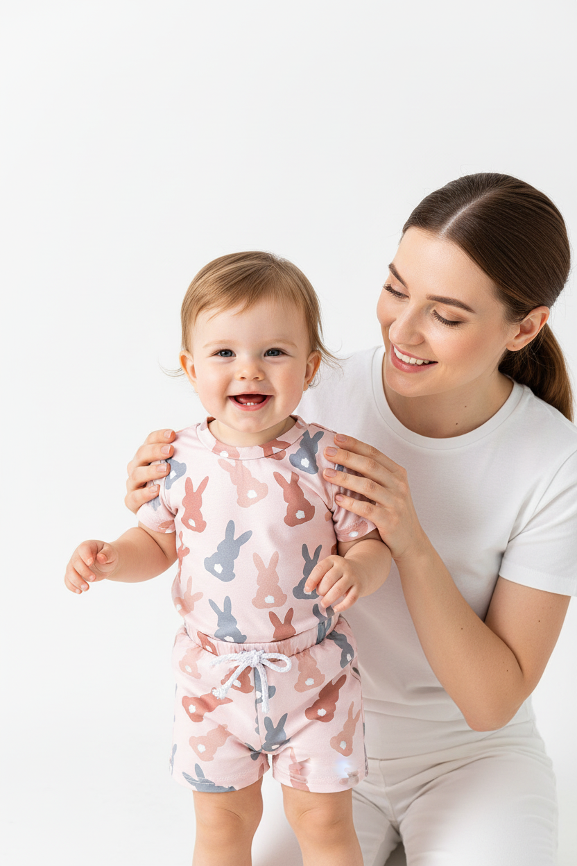 Maman debout derrière sa fille en ensemble lapins silhouettes rose gris - mains sur les épaules sourires complices mère et enfant - BabyCoton