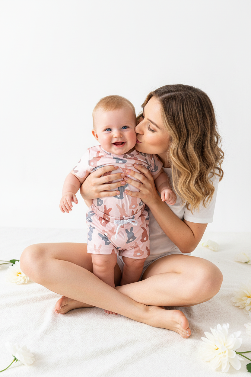 Maman embrassant sa fille sur la joue en ensemble lapins silhouettes rose gris - moment tendresse bisou mère et enfant ambiance Pâques - BabyCoton