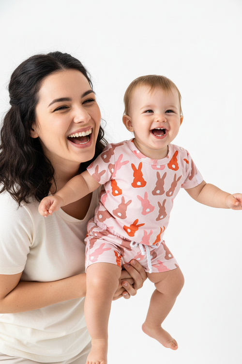 Maman portant sa fille en ensemble lapins silhouettes rose orange - moment ludique joyeux rires mère et enfant - BabyCoton