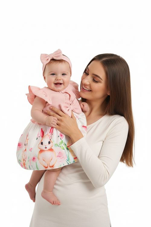 Maman portant sa fille en ensemble 3 pièces robe blanche lapins roses boléro rose bandeau nœud - moment tendresse câlin mère et enfant - BabyCoton