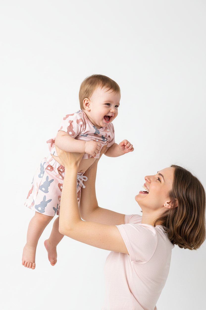 Maman soulevant sa fille en ensemble 2 pièces lapins silhouettes rose gris - moment de joie et rires mère et enfant - BabyCoton