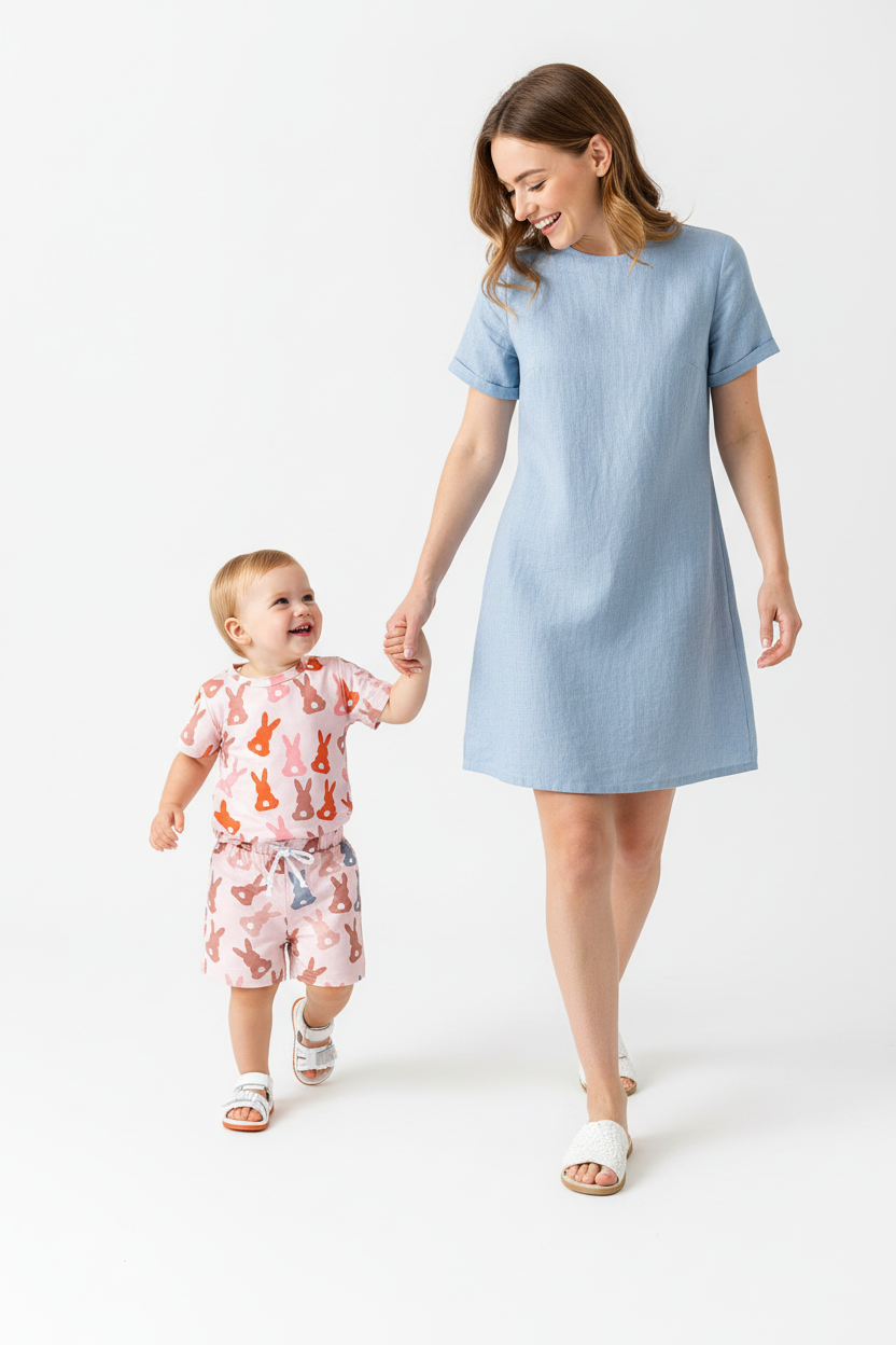 Maman tenant la main de sa fille en ensemble 2 pièces lapins silhouettes rose orange - promenade joyeuse ambiance printanière mère et enfant - BabyCoton