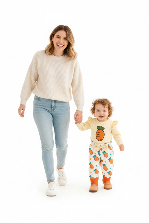 Maman tenant la main de sa fille en ensemble sweat jaune volants carotte brodée pantalon blanc carottes nœud jaune - promenade joyeuse ambiance printanière - BabyCoton