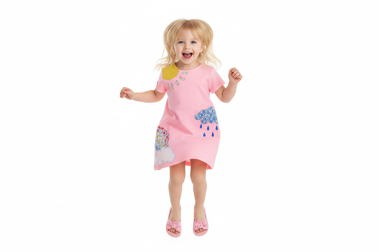 Robe casual col rond à volants enfant - Fillette 4-5 ans sautillant joyeusement - Robe fluide en action montrant volants et tissu coton - Manches courtes style été - Expression authentique joyeuse - Photo e-commerce professionnelle fond blanc studio - Qualité premium BabyCoton collection fille