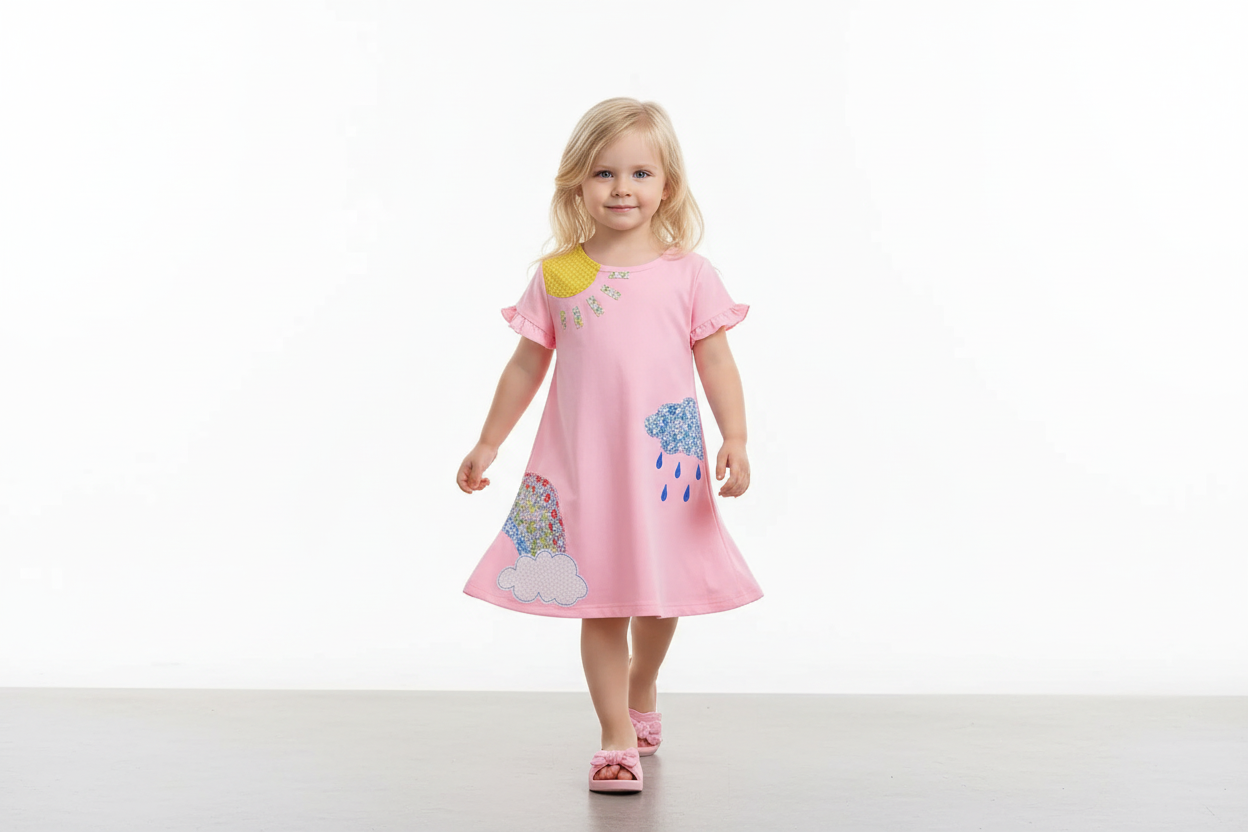 Robe col rond manches courtes volants romantiques - Fillette 3-5 ans posant debout naturellement - Vue complète de la robe montrant coupe et détails volants - Coton 100% doux confortable - Style casual élégant été - Photo produit fond blanc studio professionnel - BabyCoton Suisse vêtements enfants"