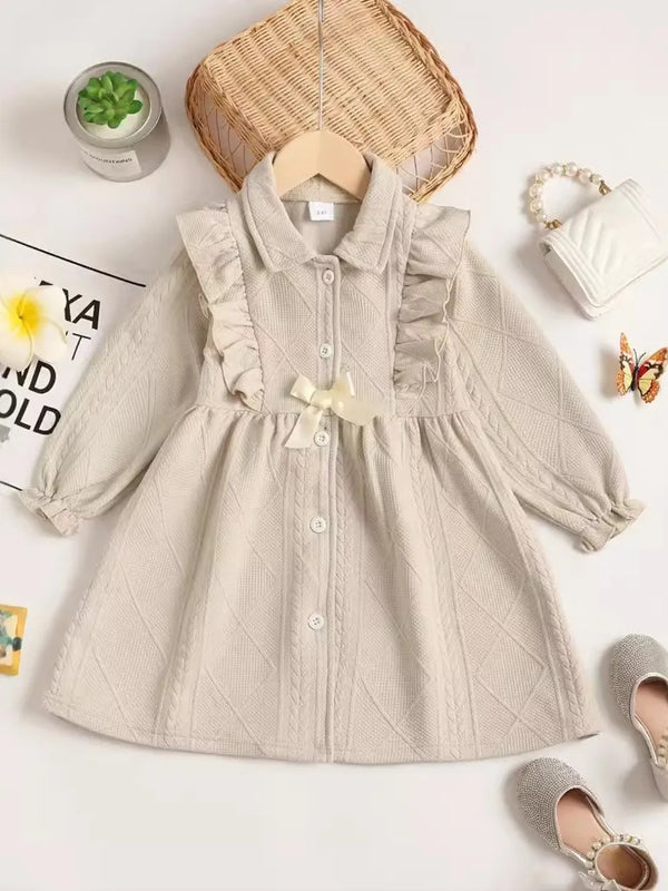 Robe fille col à volants romantiques et nœud décoratif - vue avant complète - élégance pour occasions spéciales
