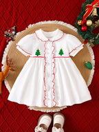 Robe sapin de Noël brodé à volants manches courtes pour bébé - vue de face - 95% coton 5% polyester - tenue festive adorable - BabyCoton Suisse
