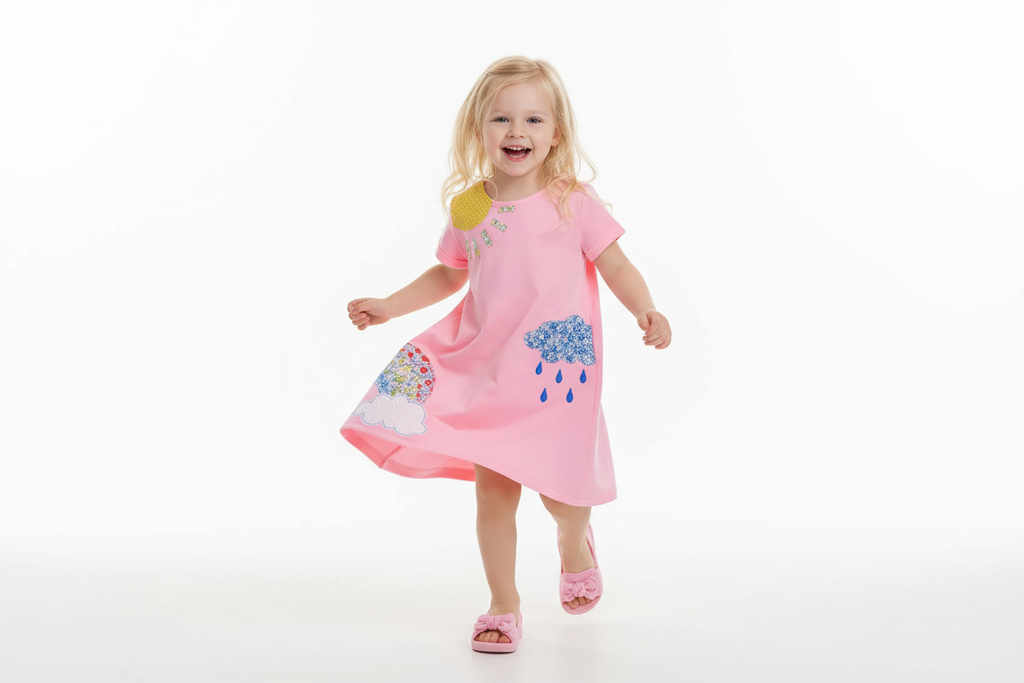  "Robe col rond manches courtes à volants pour petite fille 2-5 ans - Enfant joyeuse courant et jouant en mouvement - Coton 100% naturel doux - Détails volants romantiques visibles - Photo lifestyle fond blanc studio professionnel - BabyCoton Suisse"