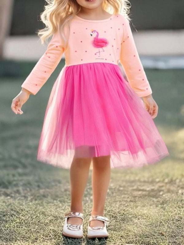 Robe en tulle rose poudré avec imprimé flamants roses tropicaux pour petite fille, vue de face