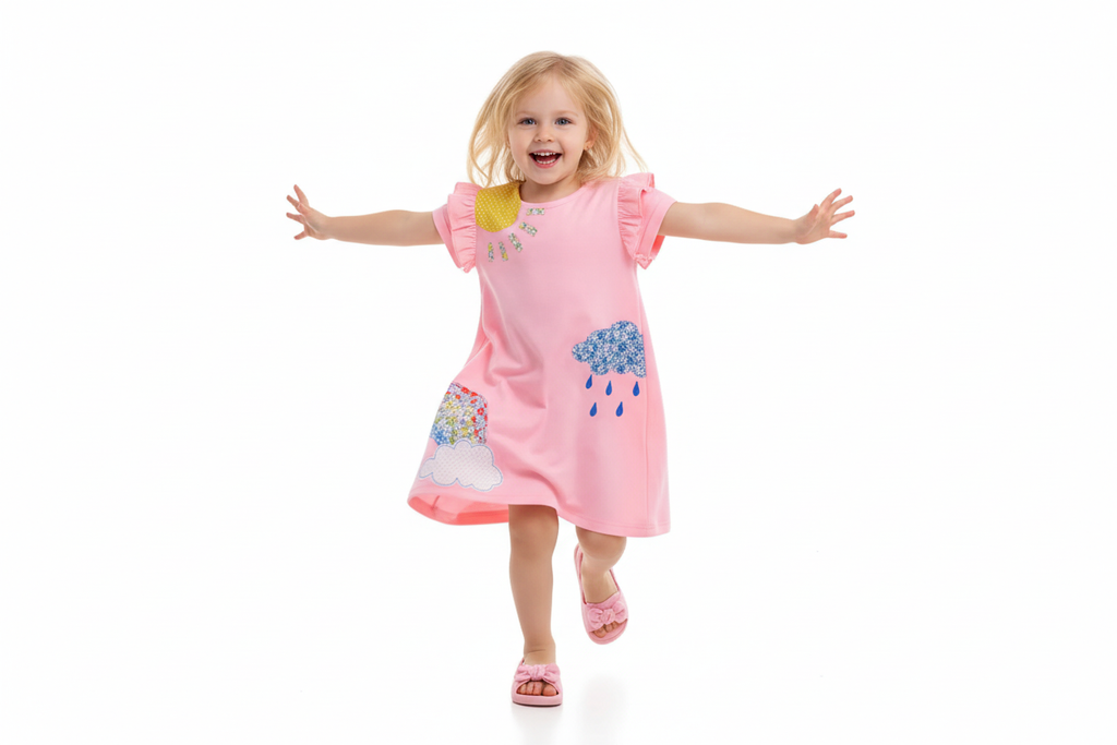 "Robe col rond volants pour petite fille - Enfant 3-5 ans courant vers caméra bras ouverts sourire authentique - Robe casual fluide en mouvement - Volants romantiques visibles - Tissu coton 100% naturel - Manches courtes confortables - Photographie lifestyle professionnelle fond blanc - Qualité suisse BabyCoton"