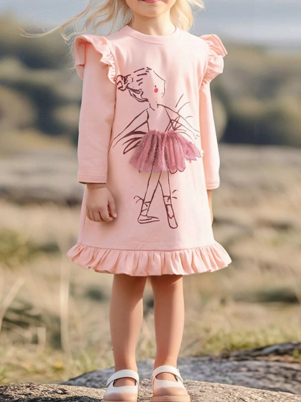 Robe manches longues à volants rose poudré pour enfant - vue de face