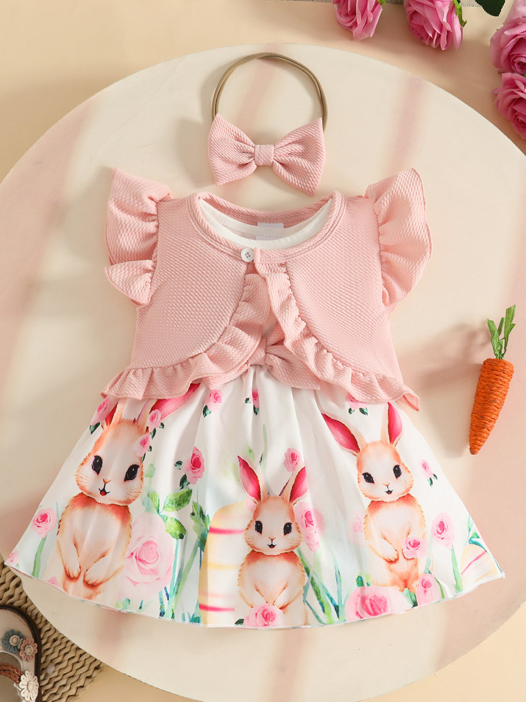 Robe bébé fille blanche lapins aquarelle - sans manches grand nœud rose texturé à la taille, jupe imprimée lapins beige aquarelle et roses roses - ensemble avec boléro rose volants et bandeau nœud - vêtement bébé printanier - BabyCoton
