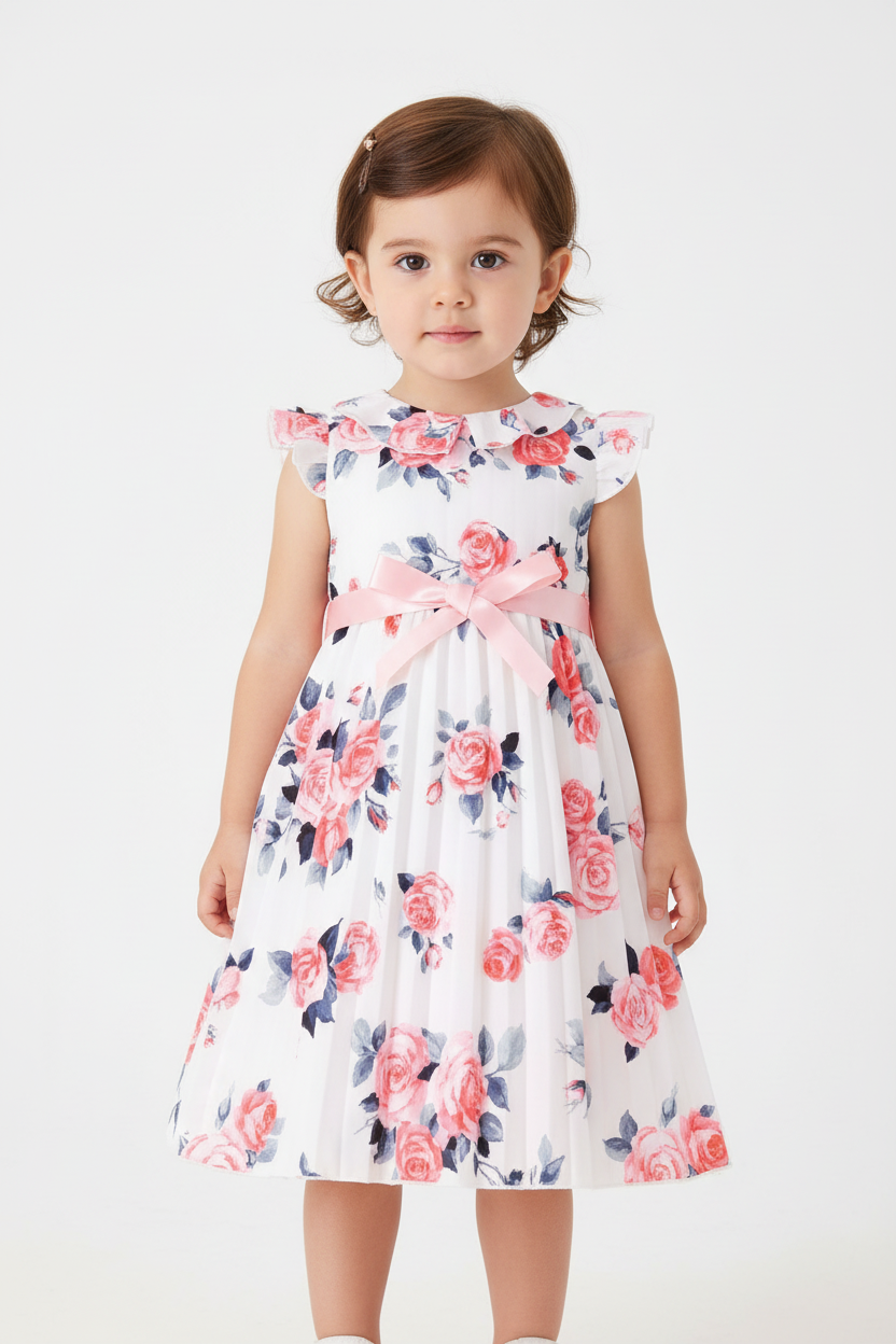 Robe blanche plissée fleurie fille - détail col volant romantique et ceinture nœud satin rose sur imprimé roses roses rouges feuilles bleu nuit - BabyCoton