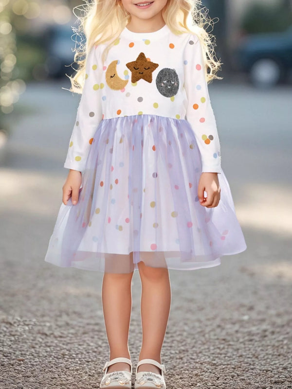  Robe tulle à pois manches longues pour enfant - vue de face avec motif rétro