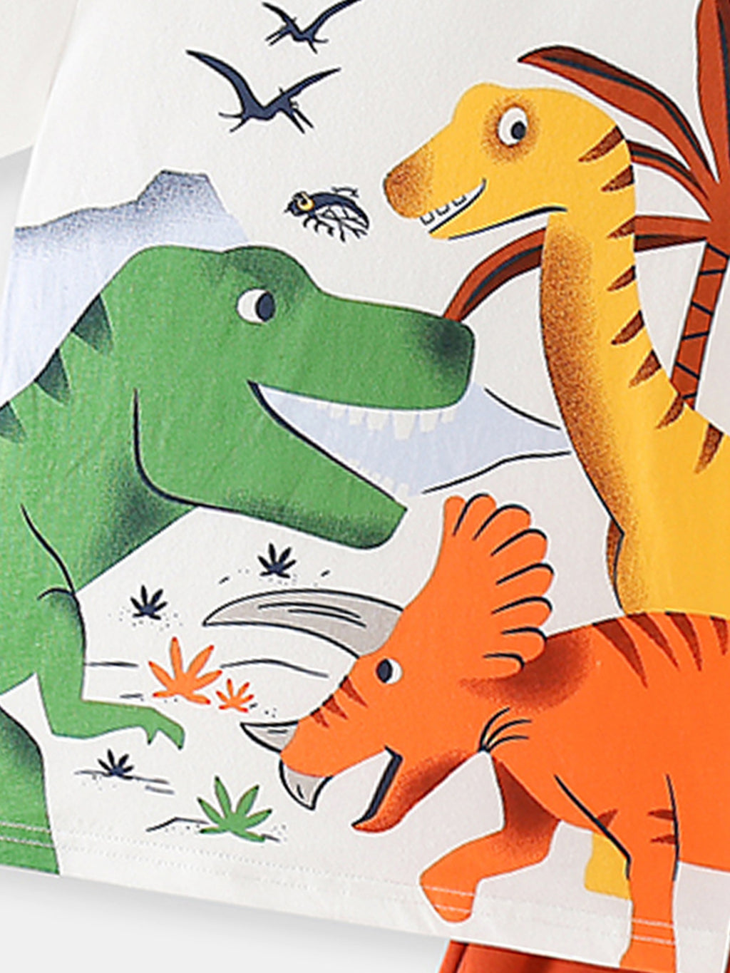 T-shirt blanc enfant trois dinosaures colorés - appliqué T-Rex vert diplodocus jaune dinosaure orange avec palmier et oiseaux, manches courtes - ensemble avec short orange - vêtement enfant joyeux - BabyCoton
