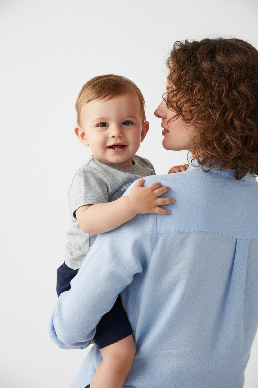 Tenue été bébé garçon — ensemble bateau pirate t-shirt gris et short bleu marine, look boutique premium porté sur la hanche maman fond blanc