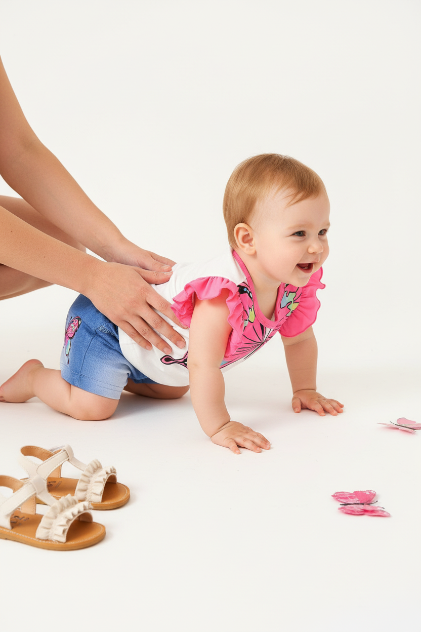 Tenue bébé fille été — ensemble deux pièces top papillon blanc rose et short jean bleu brodé, vue côté, coton doux