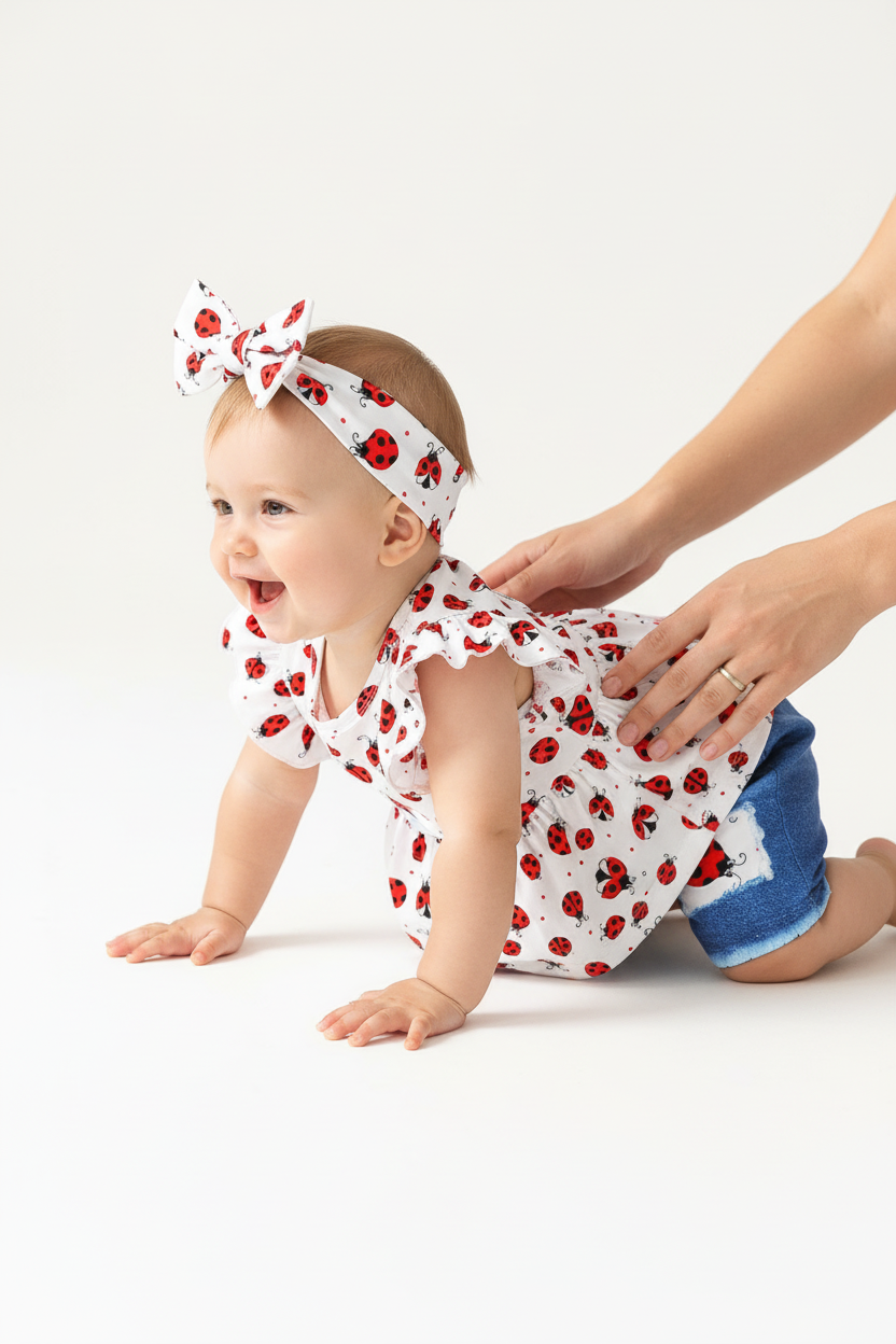 Tenue bébé fille été — ensemble deux pièces top blanc coccinelles volants et short jean bleu patch, vue côté, tissu doux non-denim
