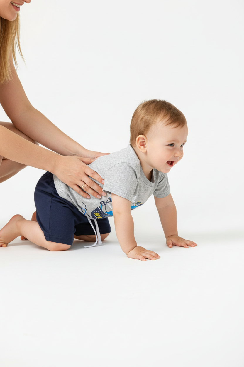 Tenue bébé garçon été — ensemble deux pièces t-shirt gris bateau pirate et short bleu marine cordon, vue côté, coton doux