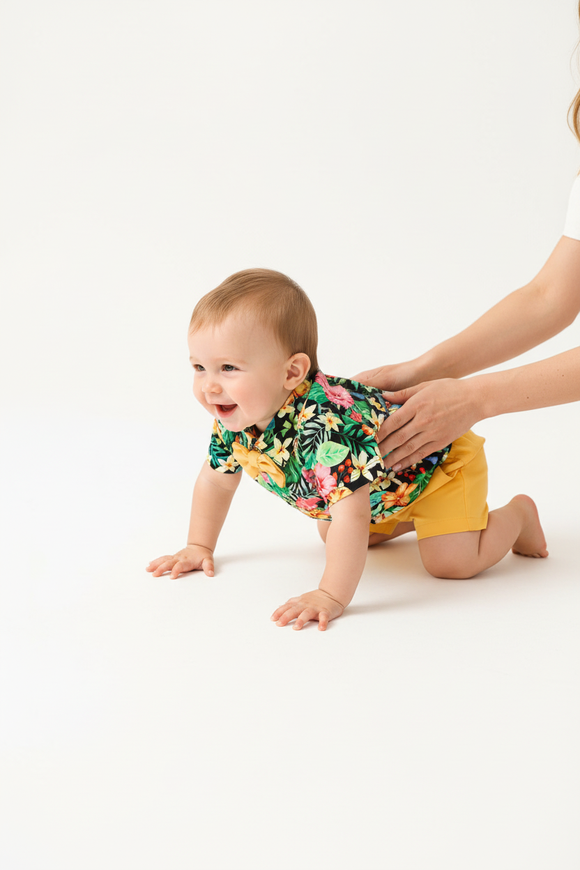 Tenue bébé garçon été — ensemble deux pièces chemise tropicale noire et short jaune élastiqué, vue côté, coton doux