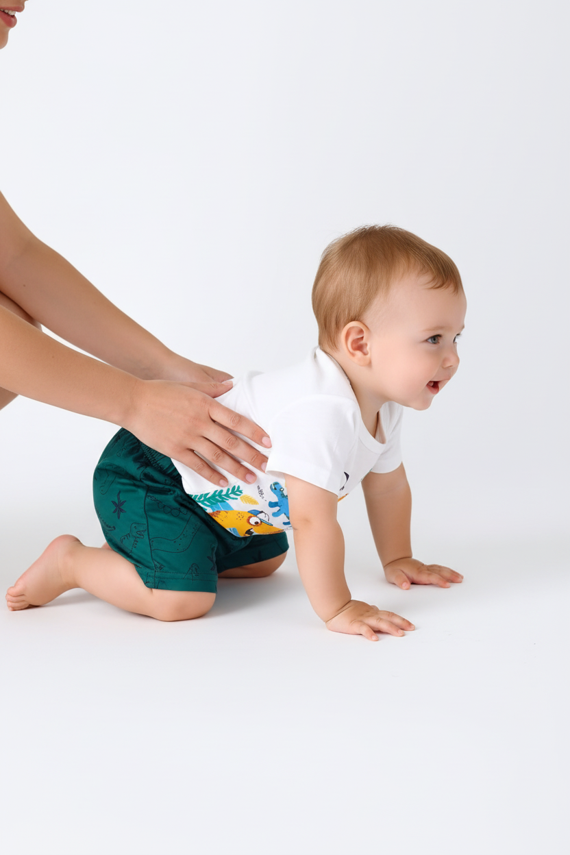Tenue bébé garçon été — ensemble deux pièces t-shirt blanc dinosaures et short vert foncé élastiqué, vue côté, coton doux