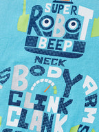 Tenue enfant thème robot futuriste - ensemble 2 pièces t-shirt bleu turquoise robot composé de mots et short à carreaux gris jaune - confort et style créatif pour enfant - BabyCoton
