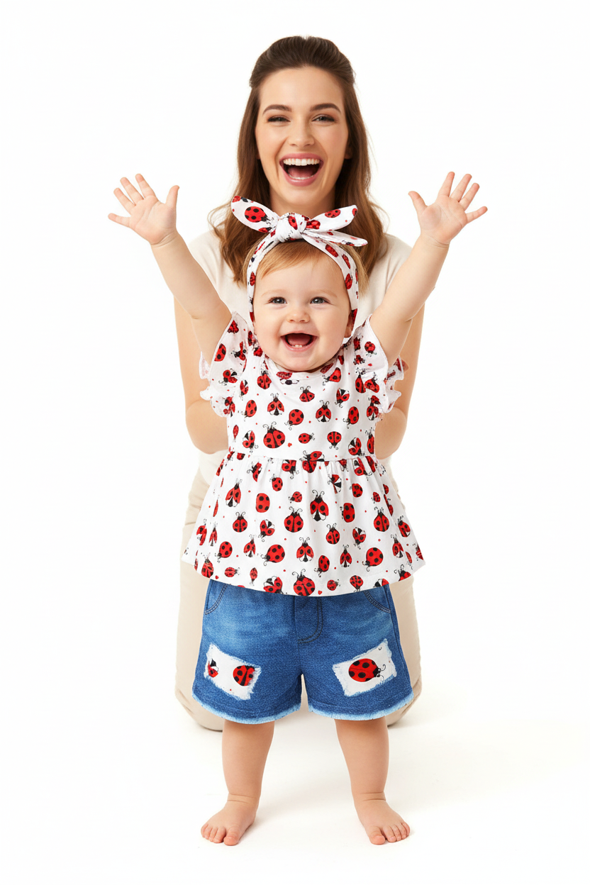 Tenue fille bébé été — top blanc peplum coccinelles volants et short jean bleu patch élastiqué, look joyeux 12 mois fond blanc