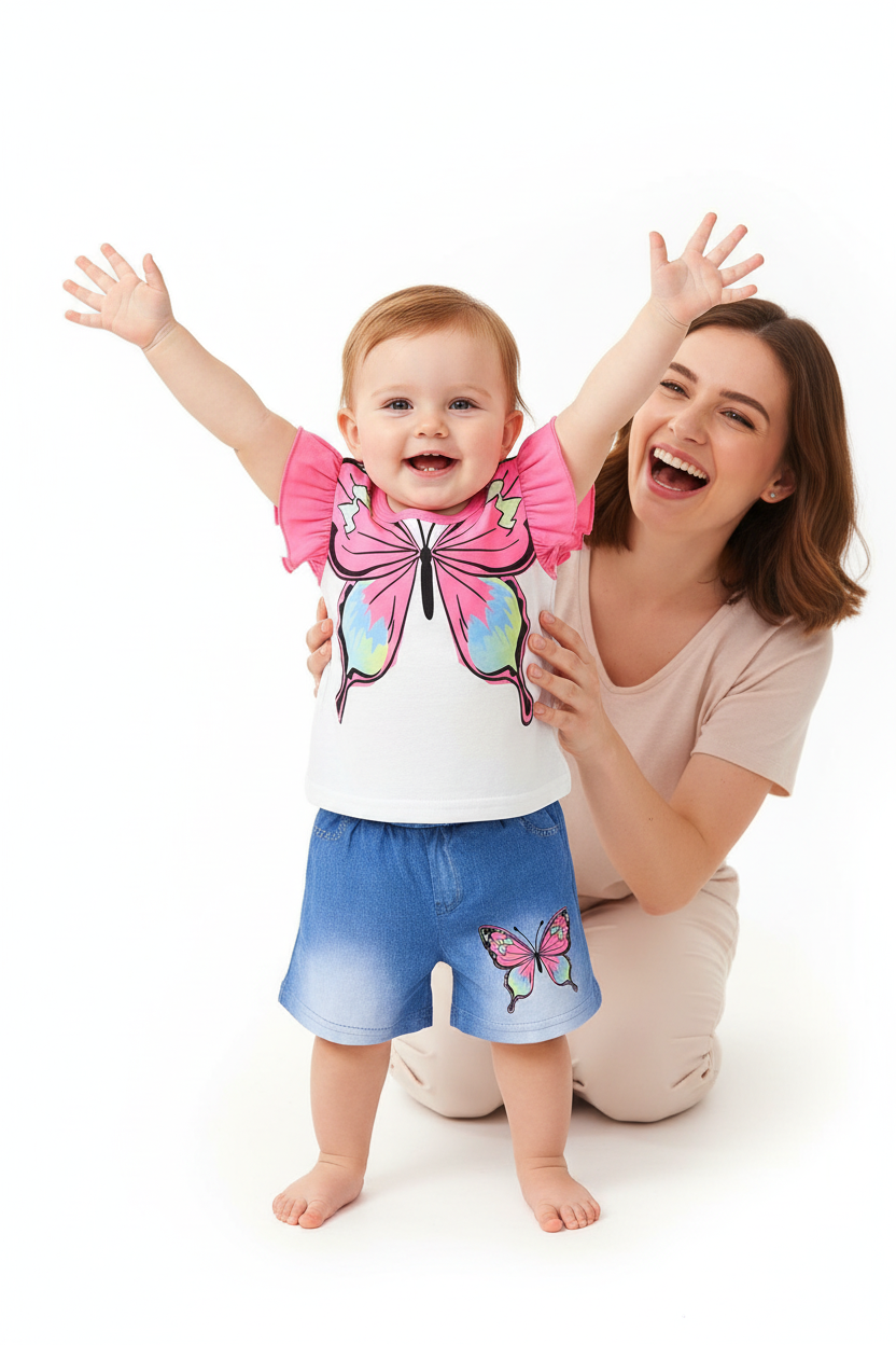 Tenue fille bébé été — top blanc manches volantées papillon rose et short jean bleu élastiqué, look magique 12 mois