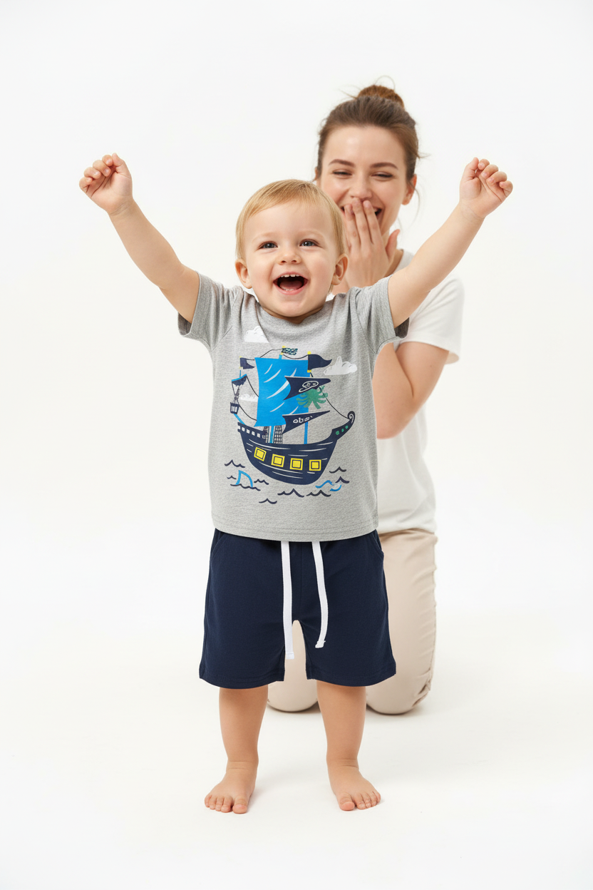 Tenue garçon bébé été — t-shirt gris bateau pirate coloré et short bleu marine cordon élastiqué, look aventurier 18 mois fond blanc