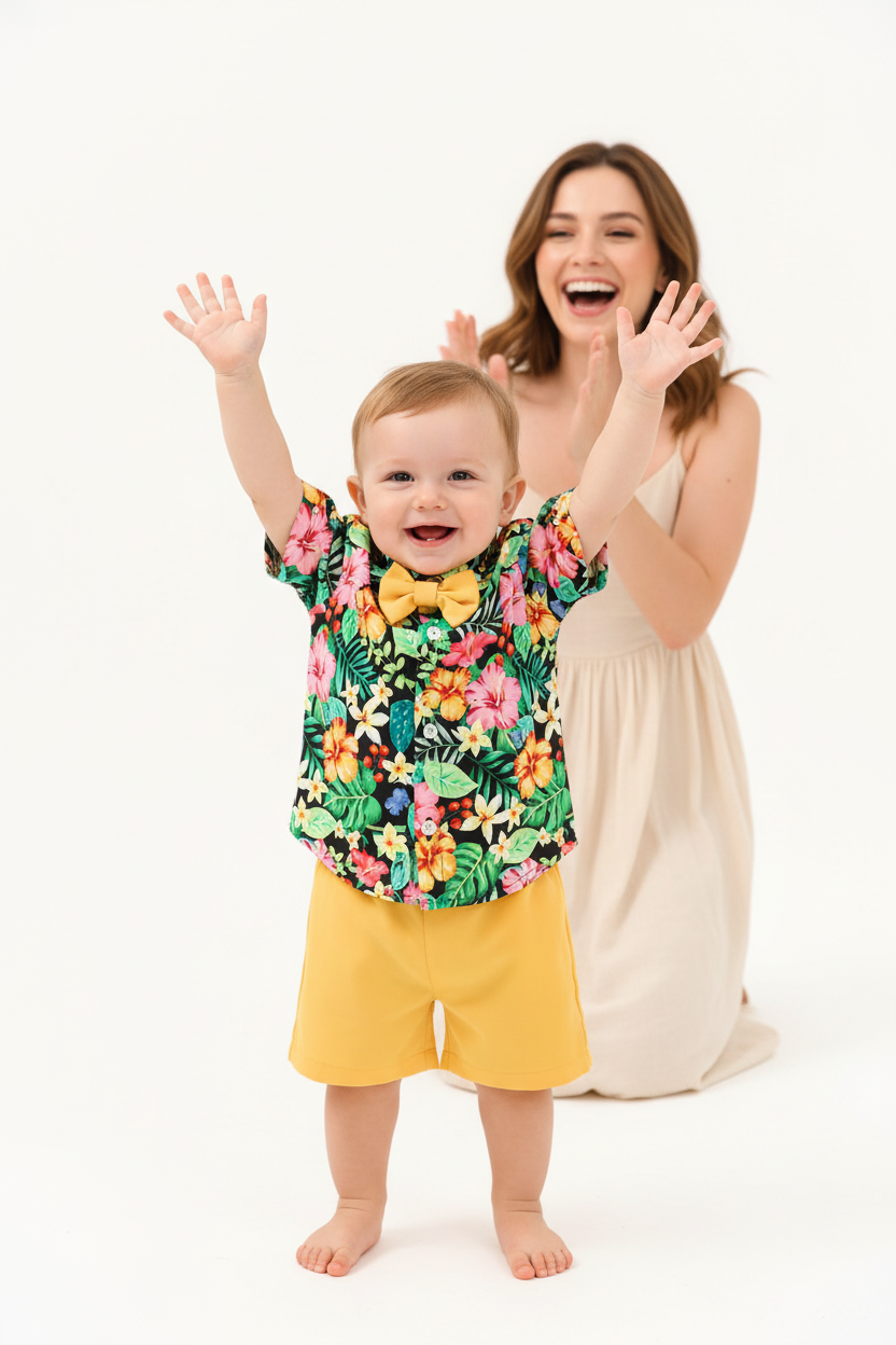 Tenue garçon bébé été — chemise tropicale noire manches courtes nœud papillon et short jaune élastiqué, look festif 12 mois