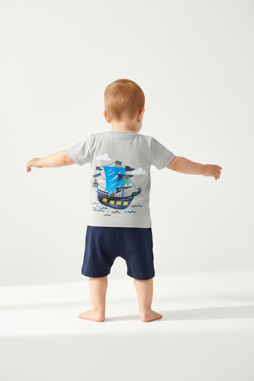 Tenue été bébé garçon — ensemble bateau pirate t-shirt gris et short bleu marine cordon, vue dos, coton premium 12-24 mois