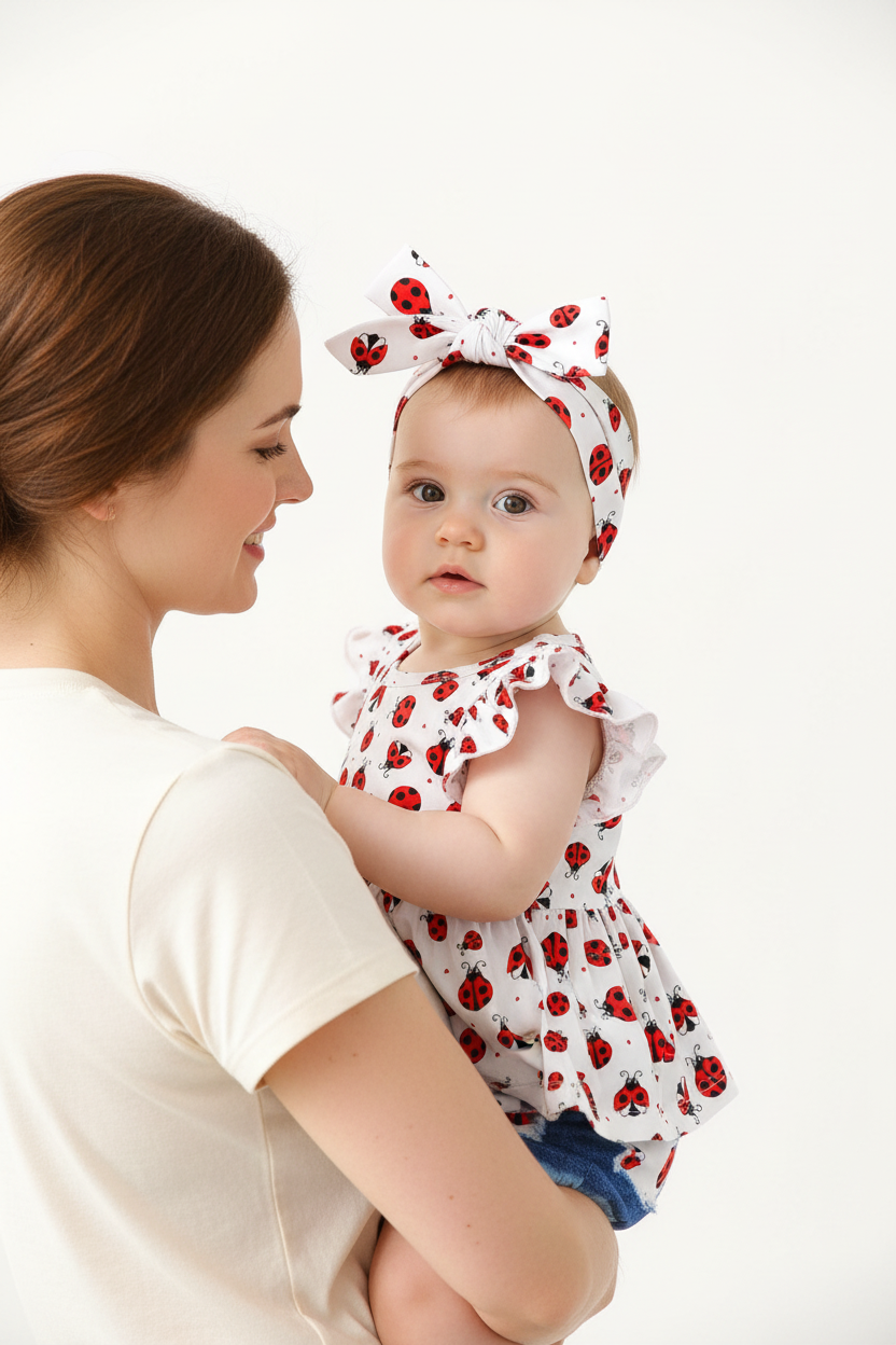 Tenue été bébé fille — ensemble coccinelles top blanc peplum et short jean bleu patch, look boutique premium porté sur la hanche maman