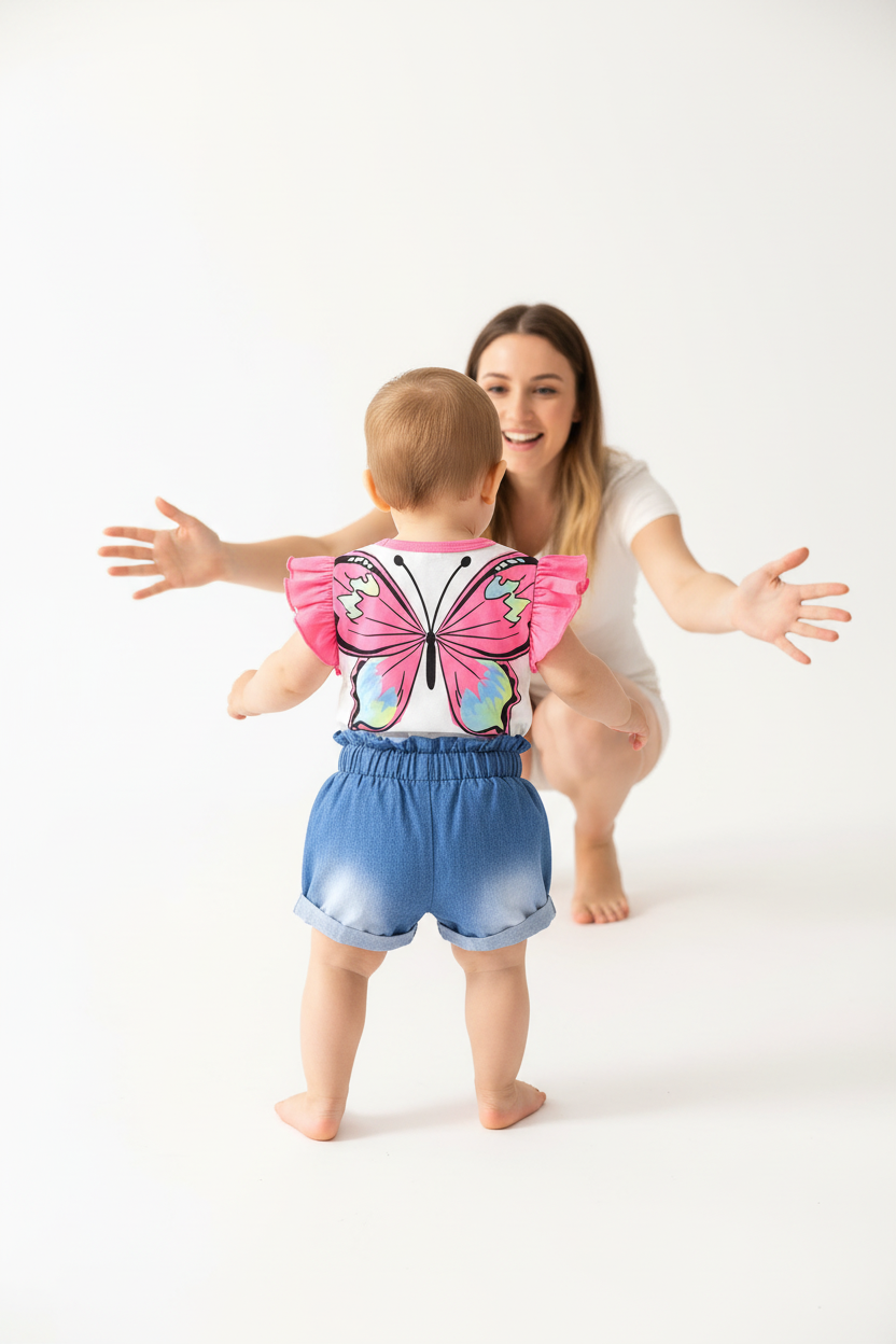 Tenue été bébé fille — ensemble papillon top blanc et short jean bleu, vue dos manches volantées, coton premium 9-18 mois