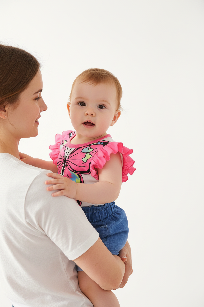 Tenue été bébé fille — ensemble papillon top blanc rose et short jean bleu brodé, look boutique premium porté sur la hanche maman