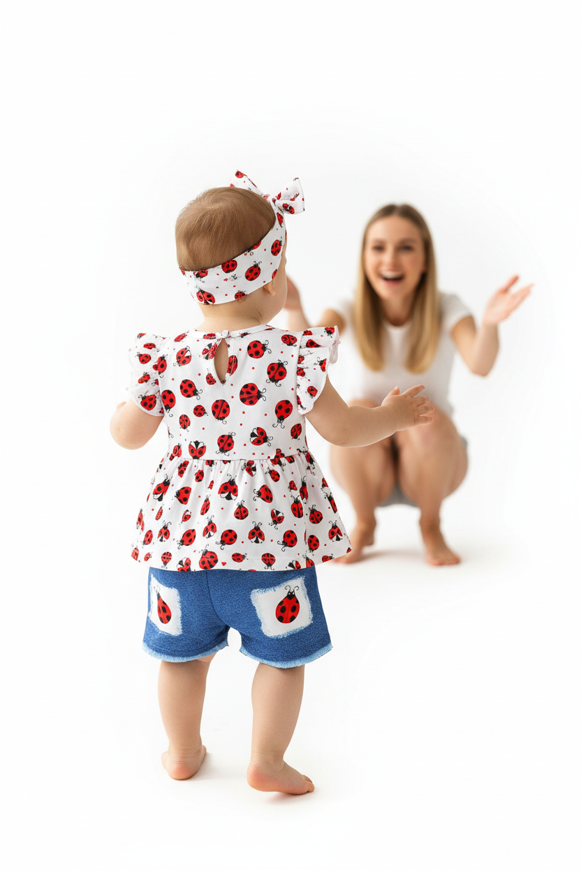 Tenue été bébé fille — ensemble coccinelles top blanc peplum et short jean bleu, vue dos bandeau assorti, tissu premium 9-18 mois