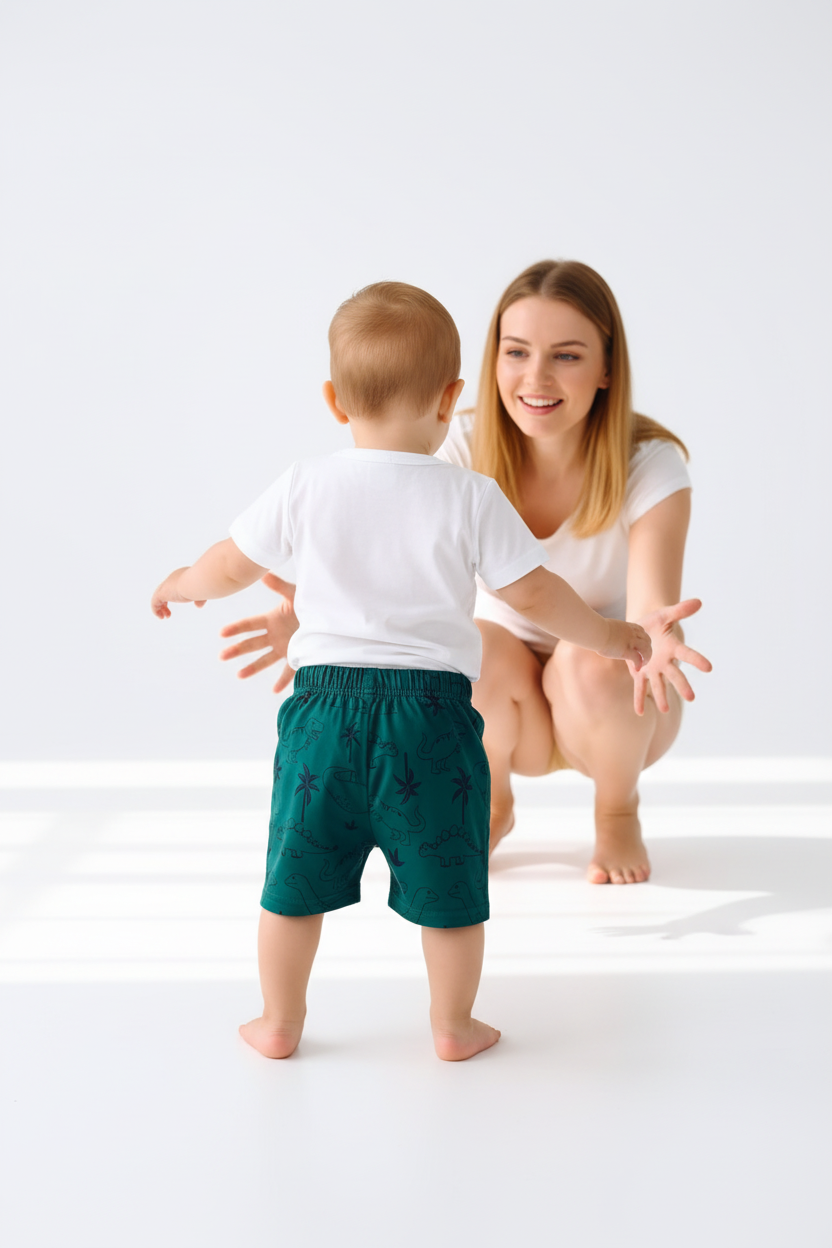 Tenue été bébé garçon — ensemble dinosaures t-shirt blanc et short vert foncé imprimé, vue dos, coton premium 9-18 mois