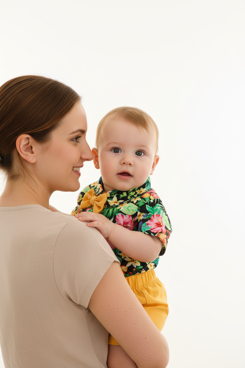Tenue été bébé garçon — ensemble tropical chemise fleurie noire et short jaune, look boutique premium porté sur la hanche maman