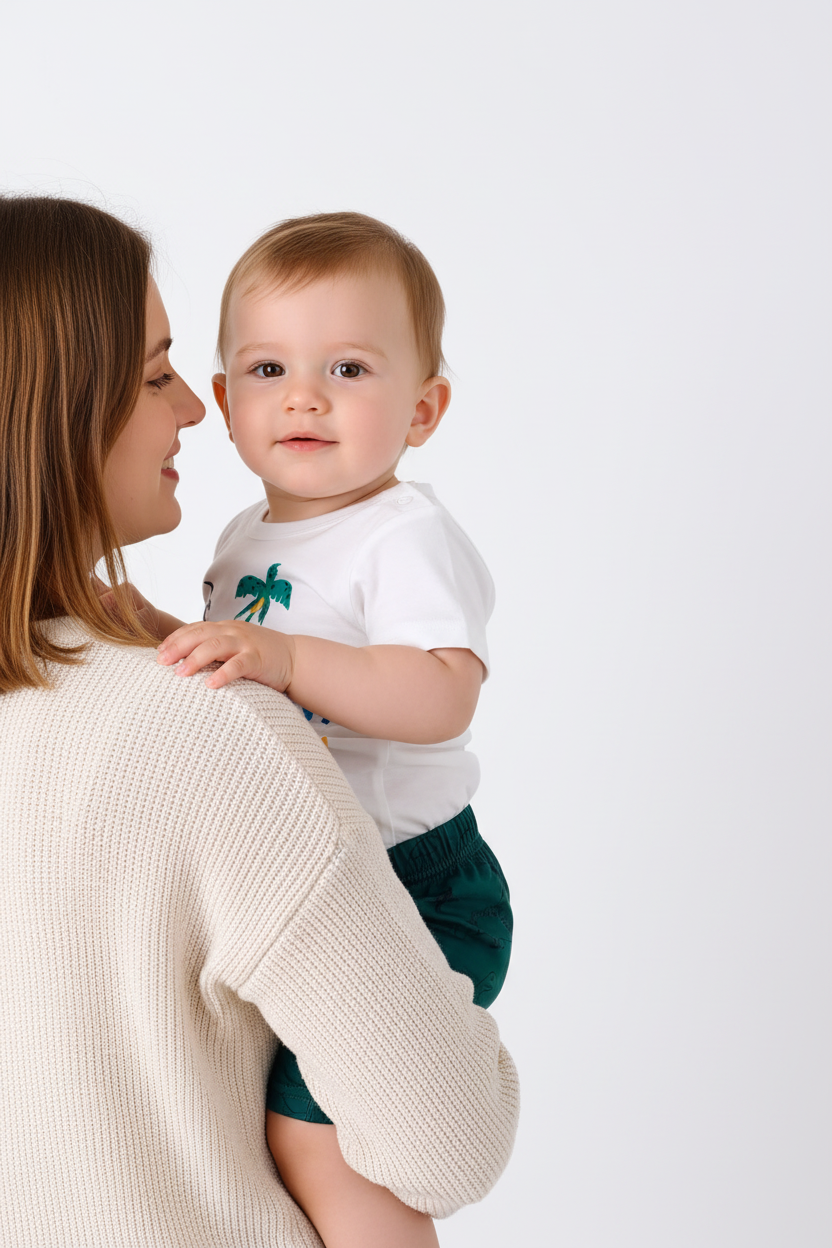 Tenue été bébé garçon — ensemble dinosaures t-shirt blanc et short vert foncé, look boutique premium porté sur la hanche maman fond blanc